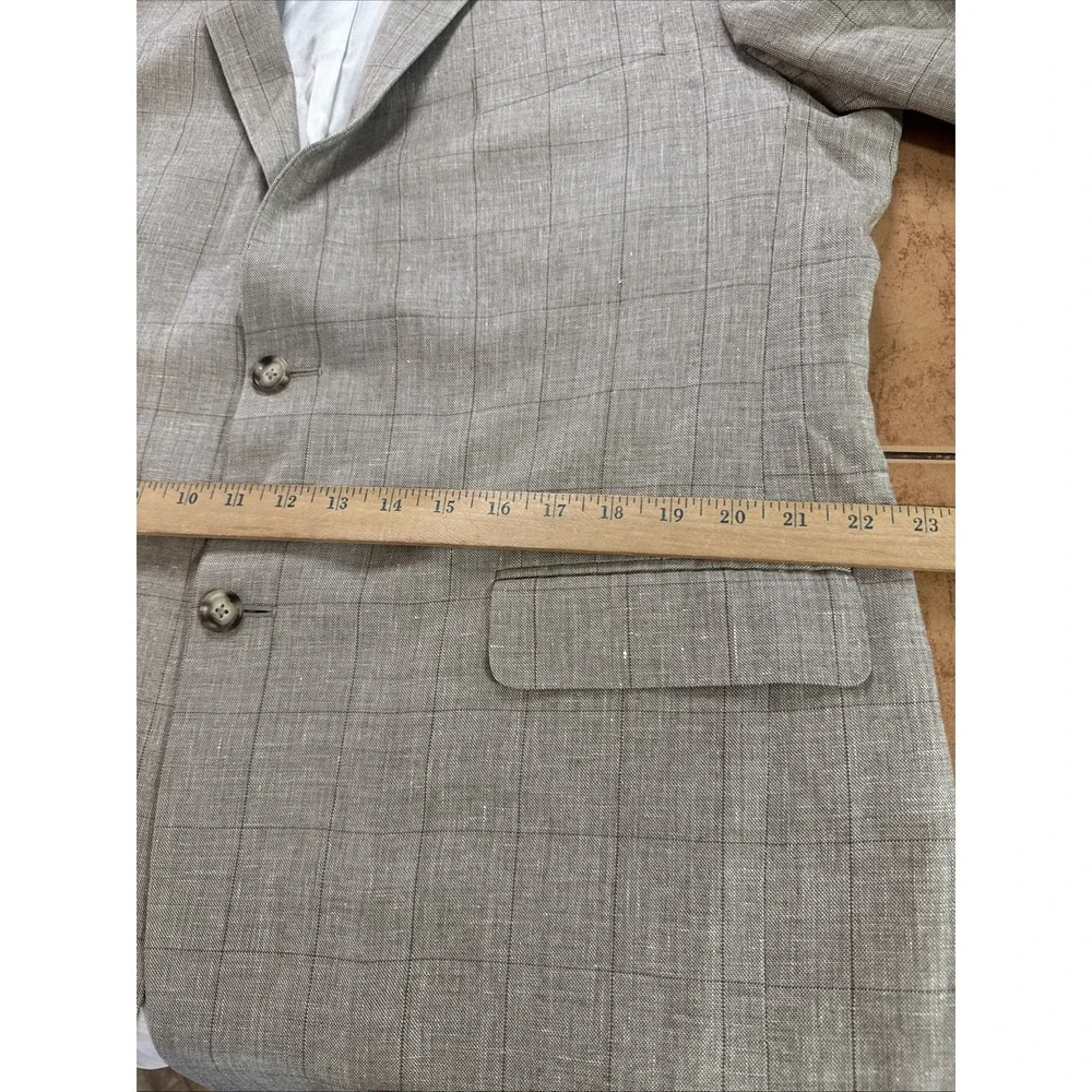 Jos A Bank Sport Coat Sz 46L Slim Beige Windowpane Plaid Silk Wool Linen Jacket